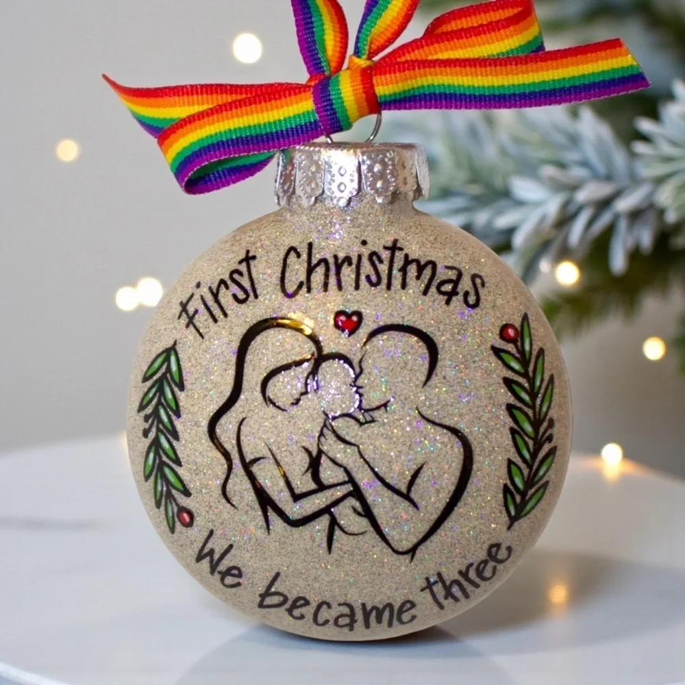 “Our First Christmas as a Family of Three” Personalized Ornament | Hand-Painted